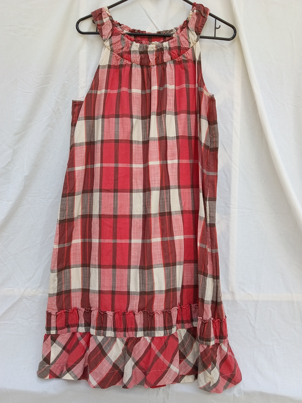 Talbots Red and Cream Plaid Sleeveless Midi Dress with Ruffle Hem